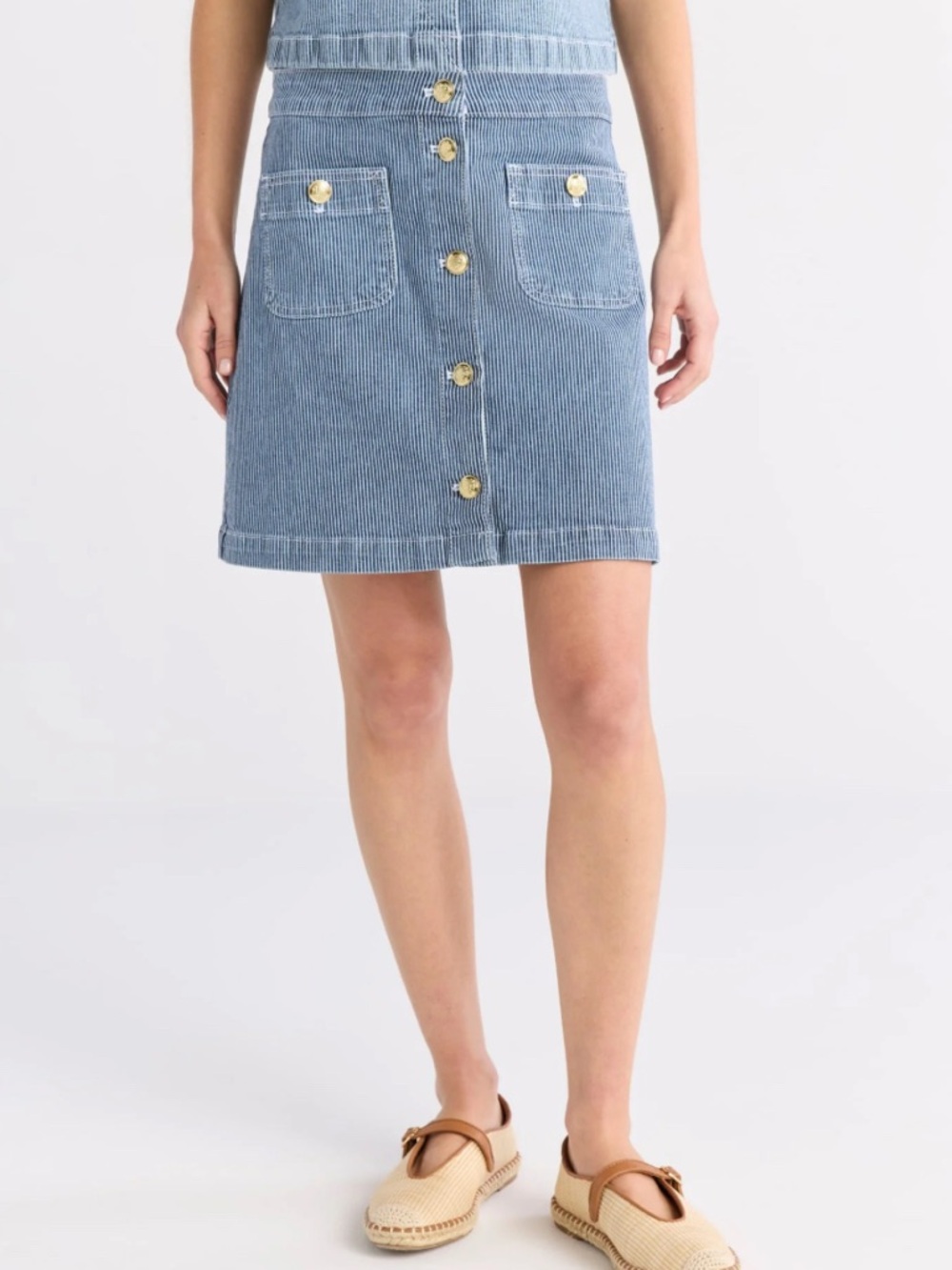 Light Blue Stripped Button-Front Mini Skirt with Patch Pockets and Gold accents